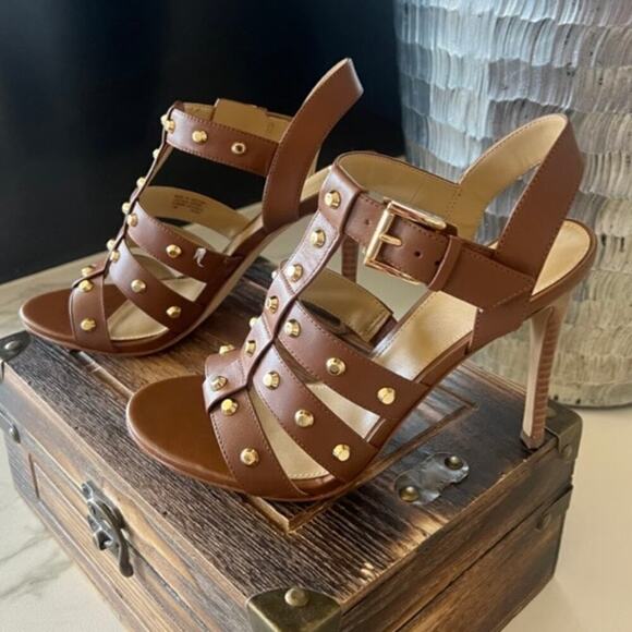 Michael Micheal Kors Jagger Studded Stiletto Sandals in Brown - Picture 1 of 9